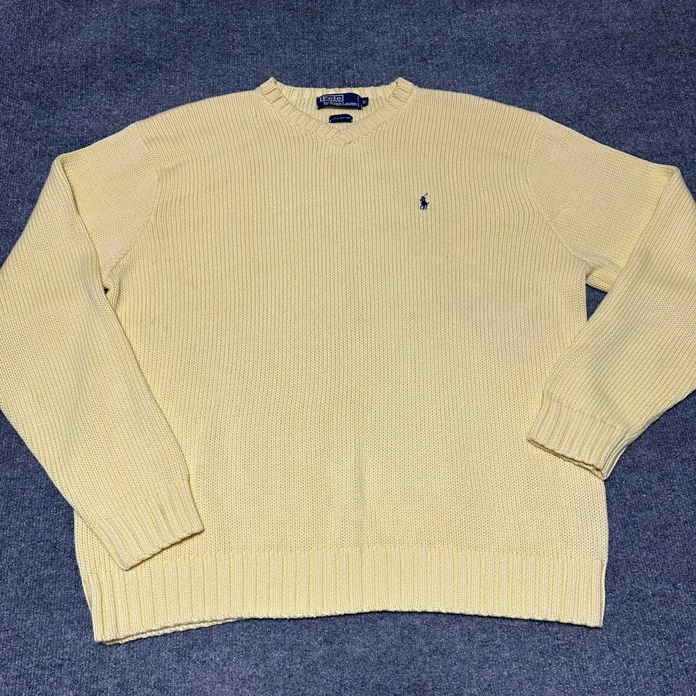 Polo Ralph Lauren Mens XL Yellow V-Neck Cotton Knit Sweater Classic Preppy Heavy